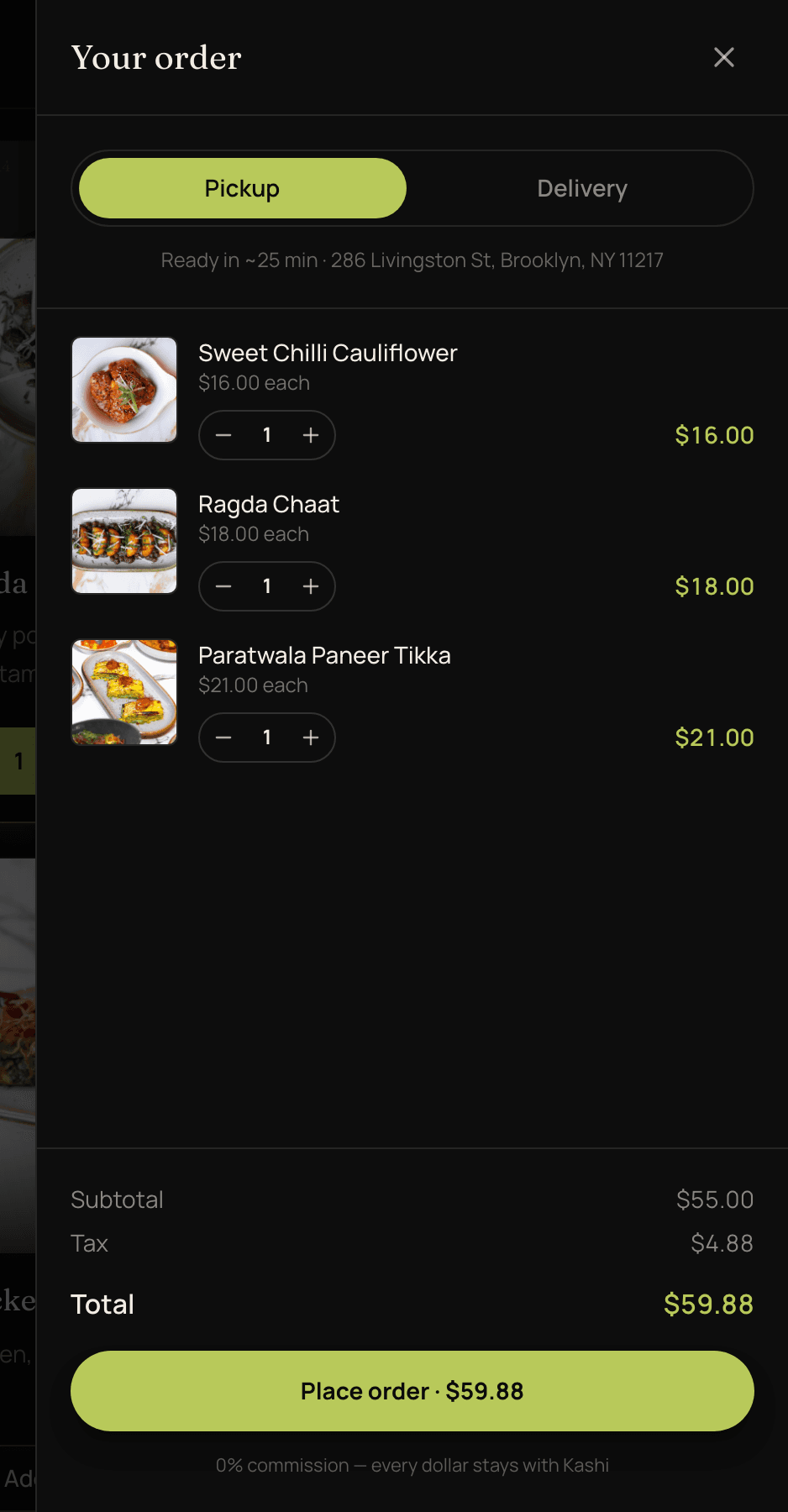 A working cart — quantities, tax, total, pickup or delivery, 0% commission.