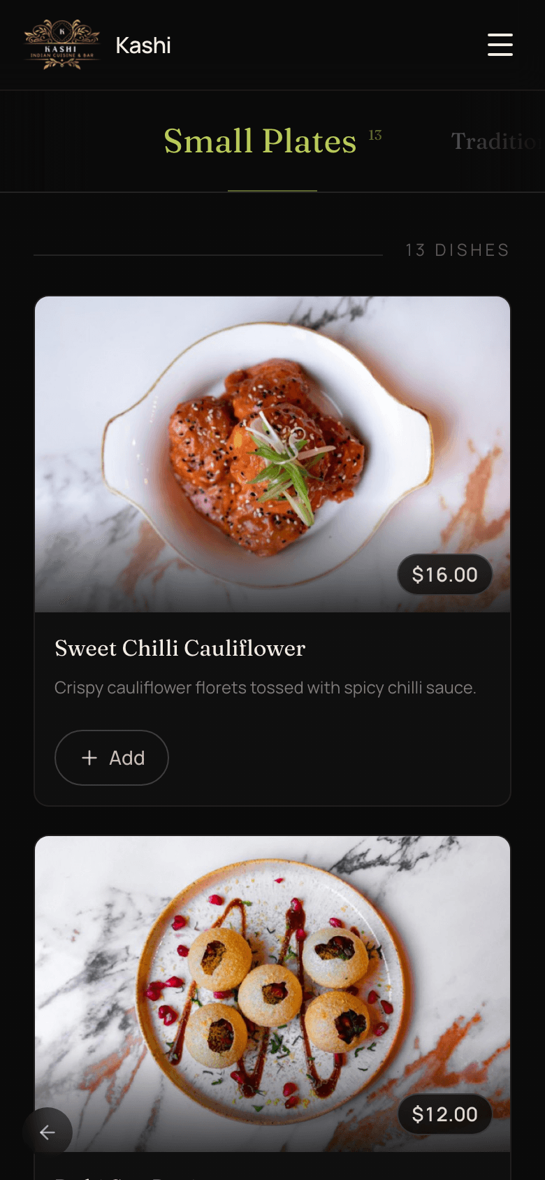 The same page on a phone: food fills the screen instead of a price list.